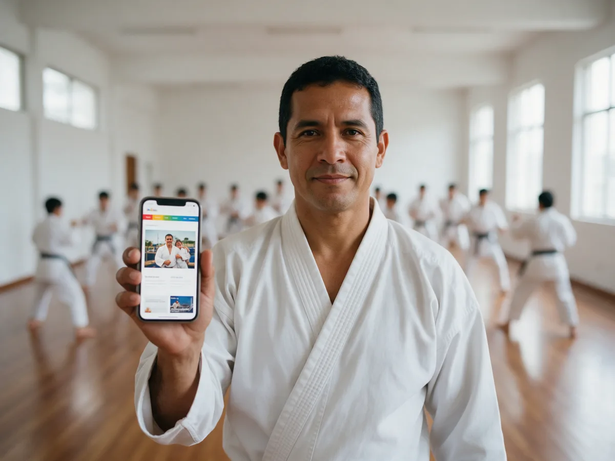 El dueño de una academia de artes marciales muestra en su móvil la página pública de su centro