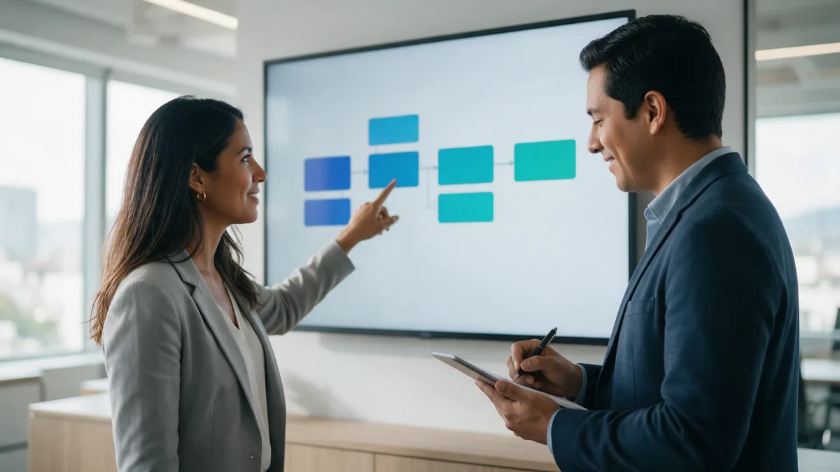 Dos diseñadoras instruccionales trazan en pantalla la secuencia de una ruta formativa