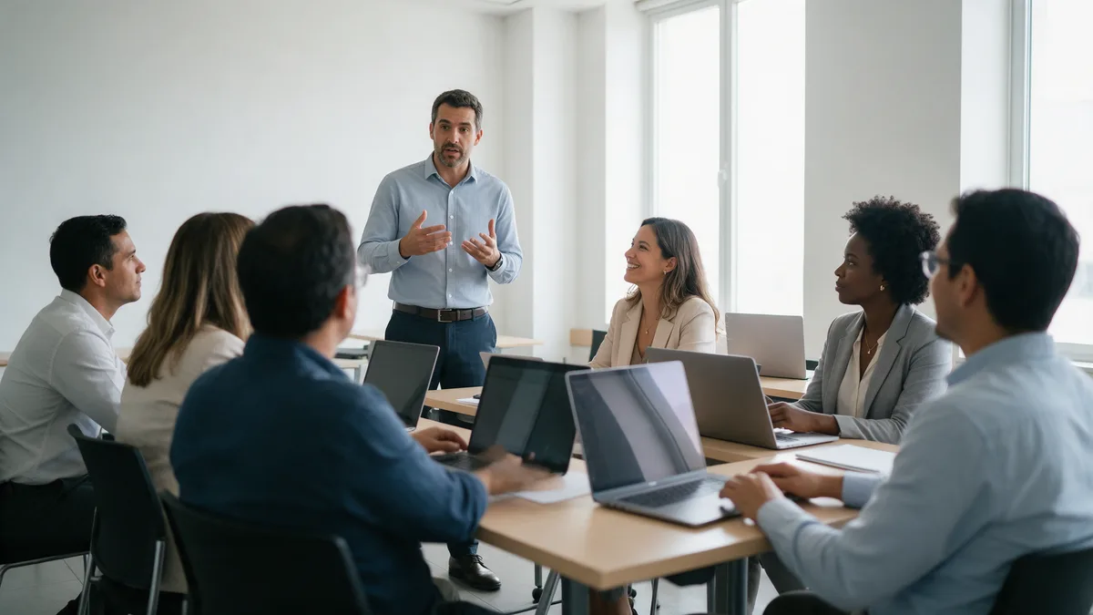 Un facilitador dirige una sesión de formación con el equipo de una empresa, cada participante con su portátil