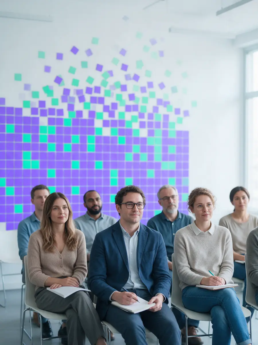 Una sala de formación donde el muro de contenidos se deshace en fragmentos que se desvanecen.