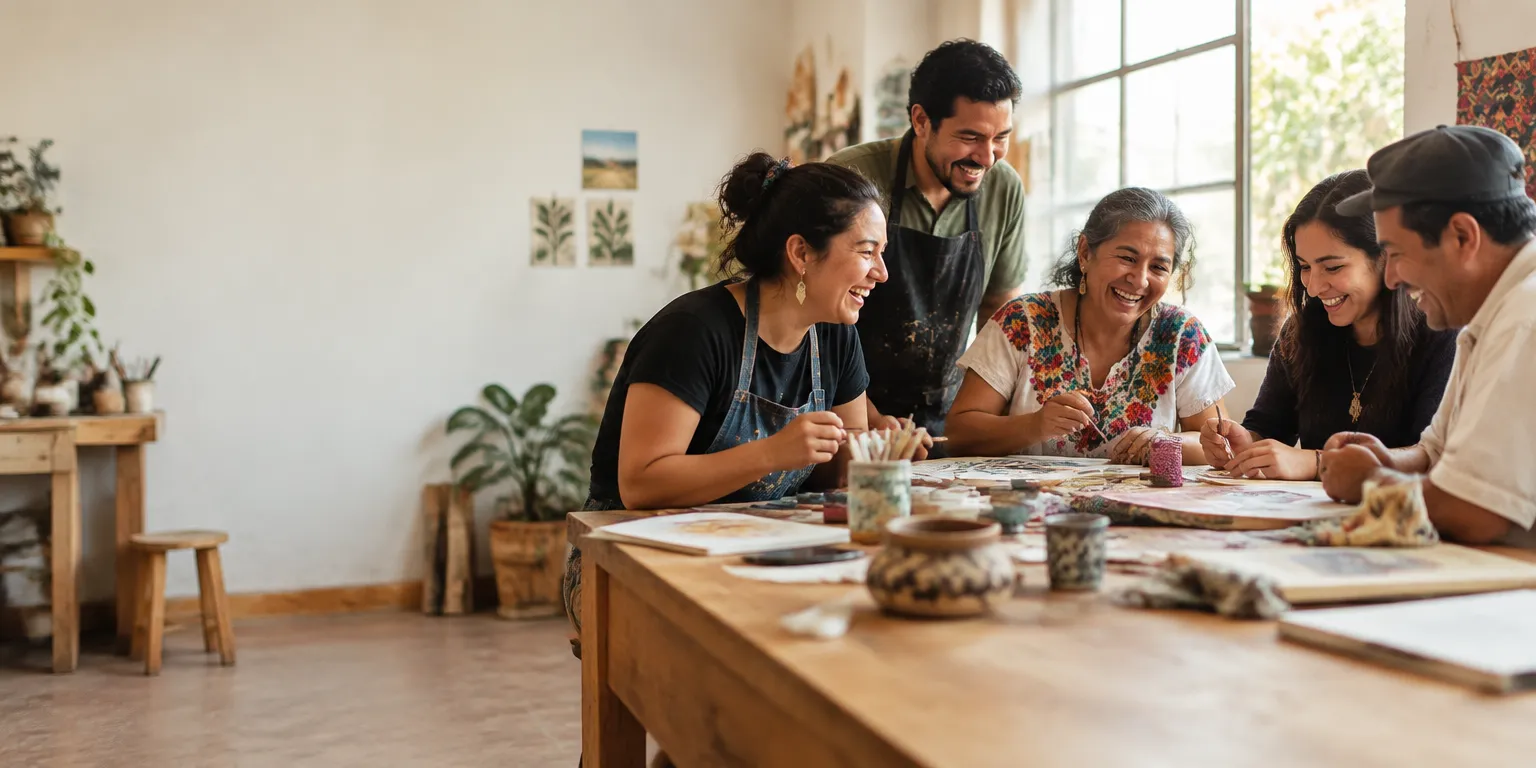 Un grupo de adultos trabaja y ríe alrededor de la mesa de un taller