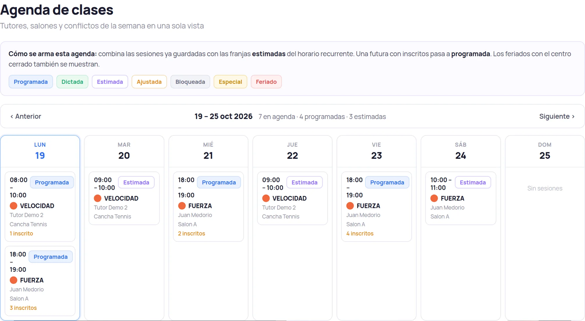 Agenda de clases de skillon.app, con las sesiones de la semana por día