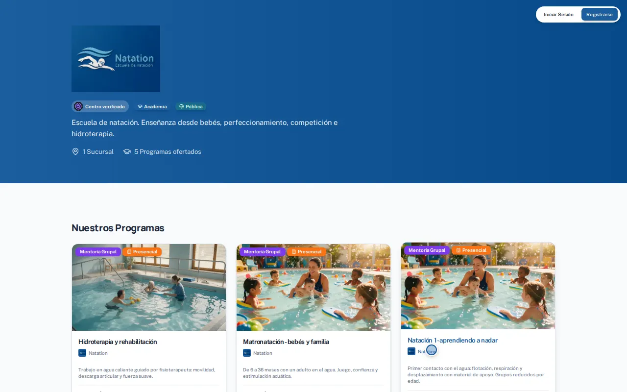 La página de Natation tal y como la ve un visitante: su marca, su descripción y su oferta.