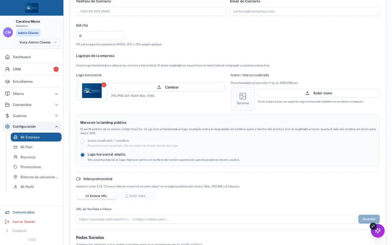 Paso 2: Más abajo: teléfono y correo de contacto, y cómo llamas a tu equipo docente — «tutores», «coaches», «profes»—, que es como aparecerá en toda la plataforma.