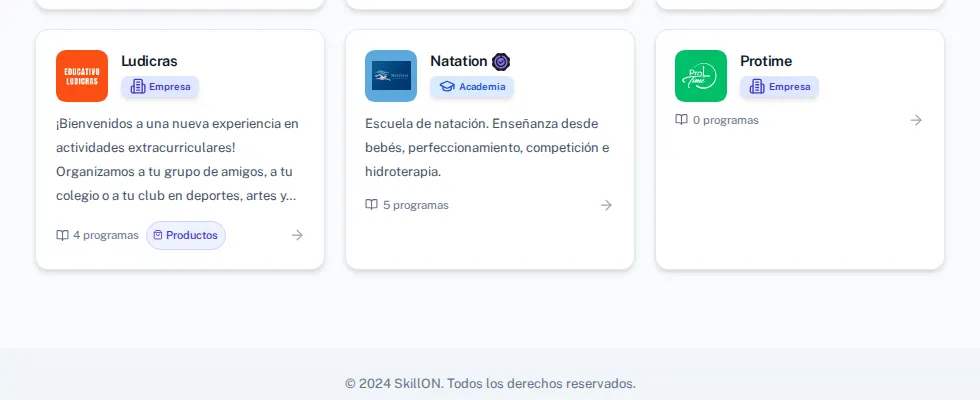 Paso 5: Natation y Ballet & Flamenco llevan sello; los otros cuatro no muestran nada. Un centro sin verificar no se marca de ninguna forma: puede estar operando perfectamente.