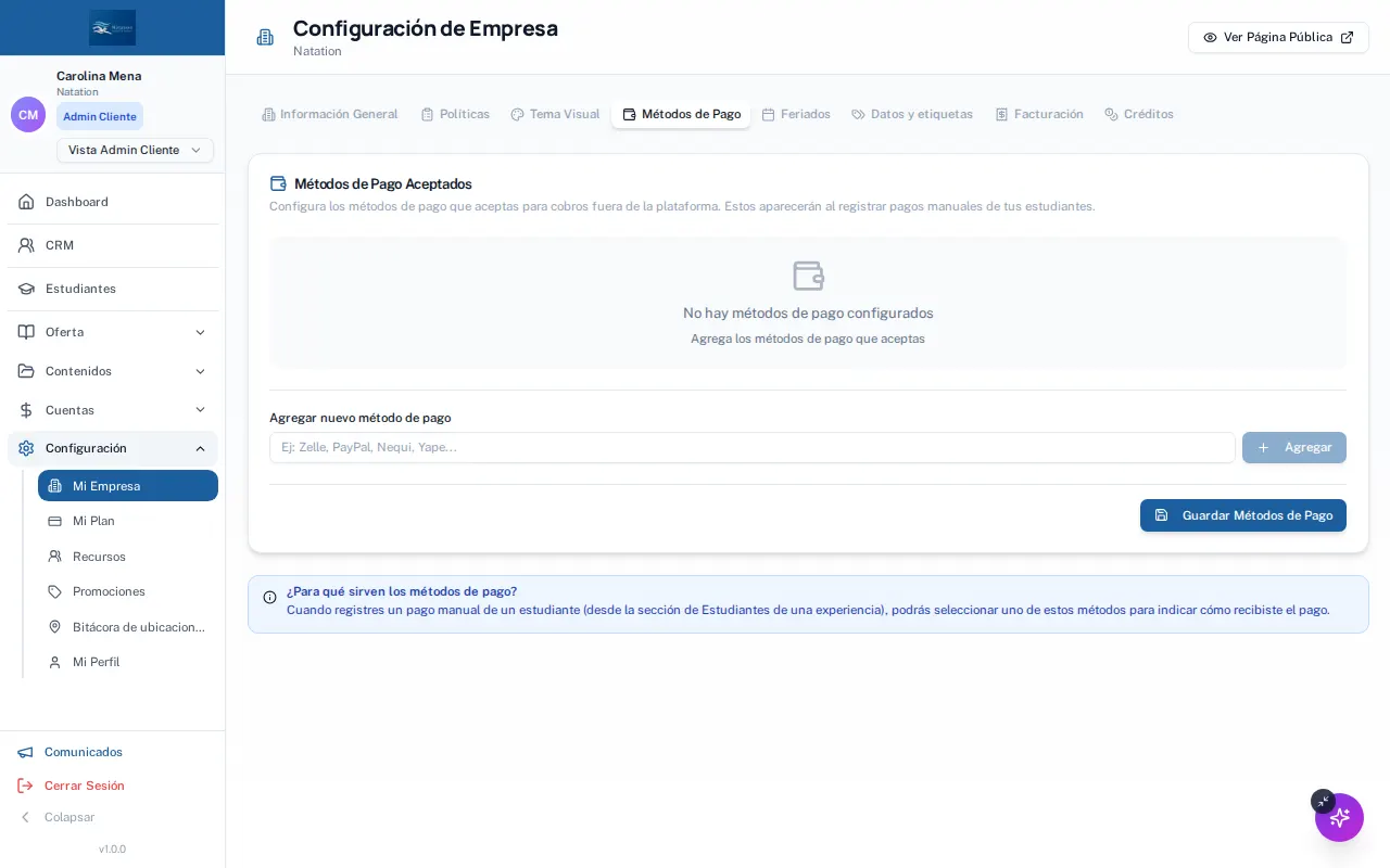 Mi Empresa → Métodos de Pago: aquí se conecta la pasarela del centro.