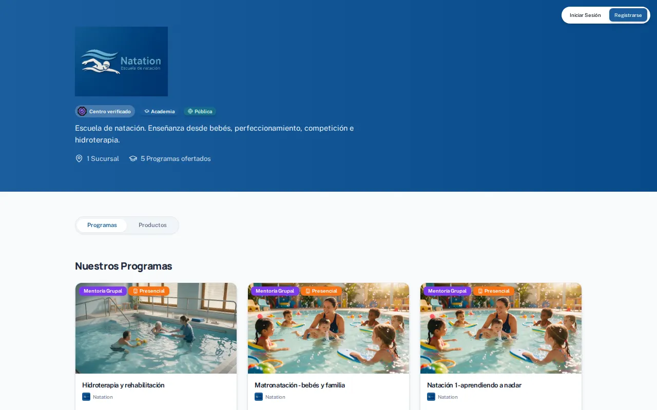 La página pública de Natation: su azul, su logo y su miniatura, sin rastro de la plataforma.