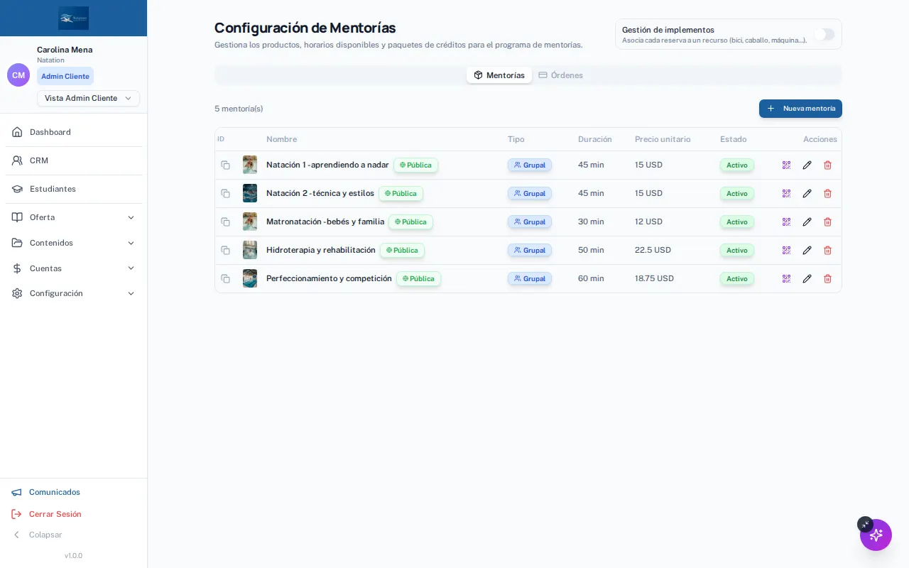La configuración de mentorías: los productos del centro y sus paquetes.