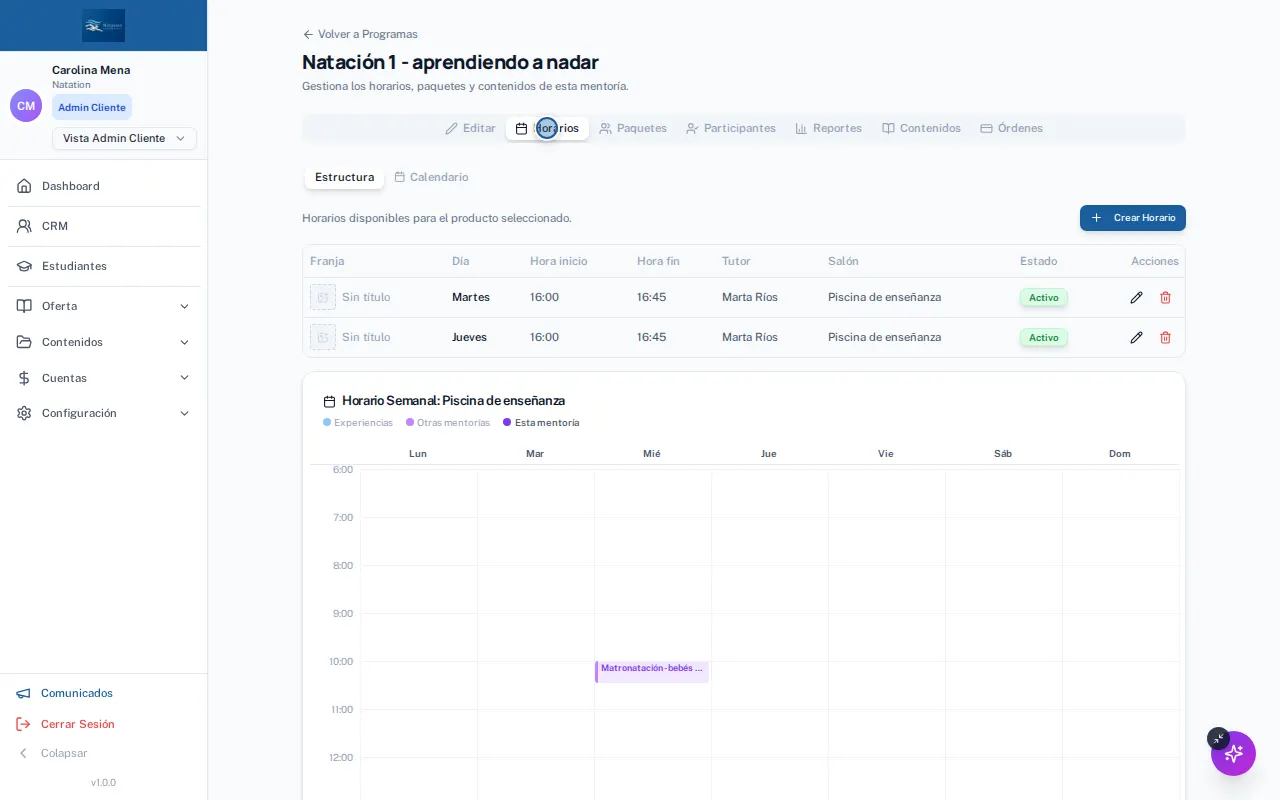Las franjas de disponibilidad: día, hora, salón y tutor.