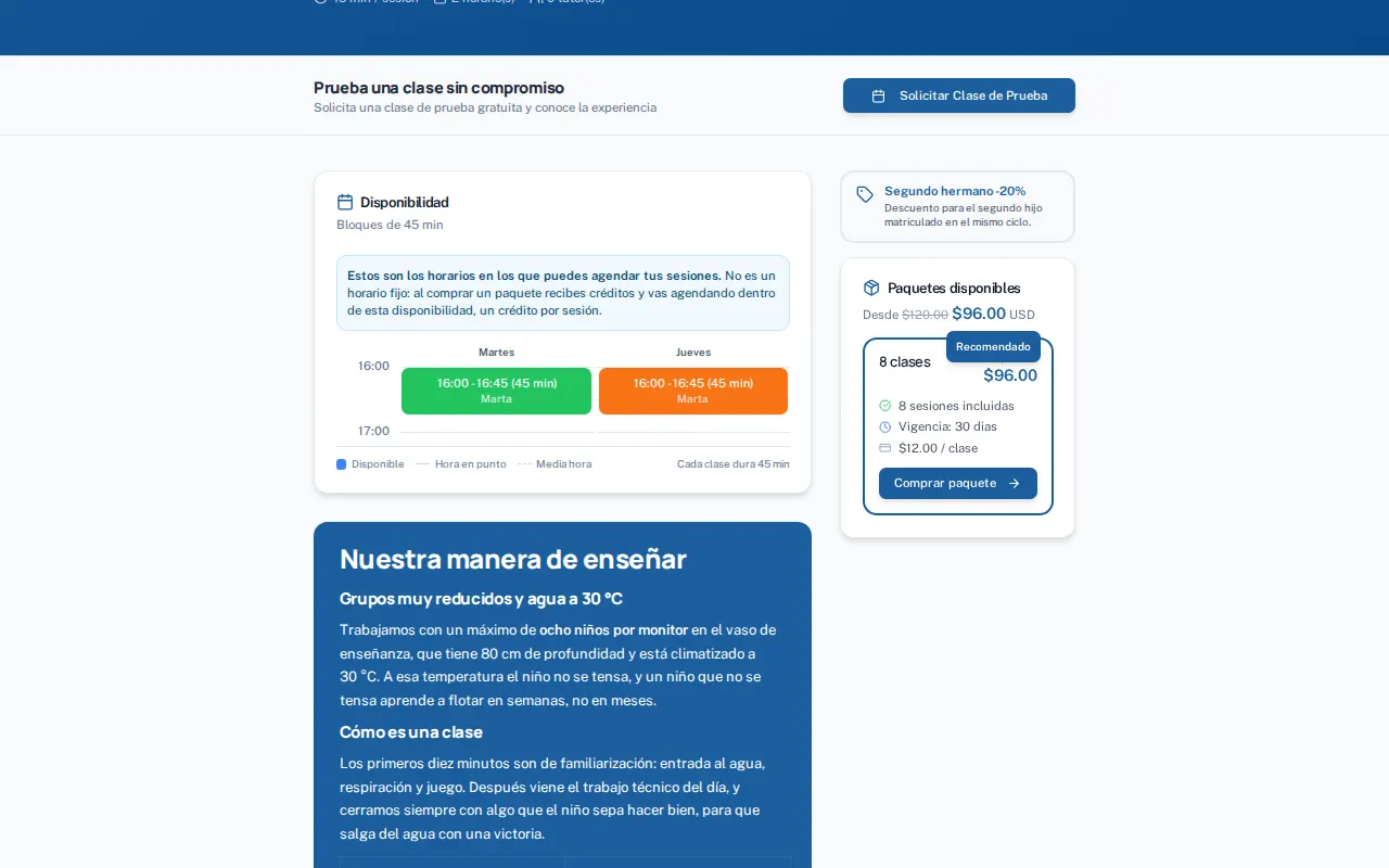 La landing del programa: horario, políticas y paquetes, tal como los ve quien va a pagar.