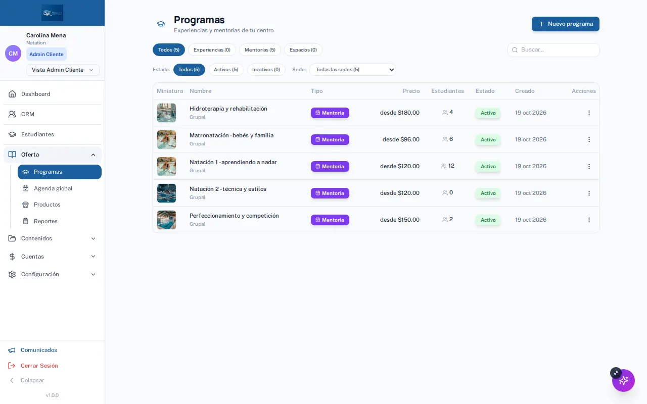 Los programas del centro. Uno interno para el equipo se crea igual que uno para alumnos.