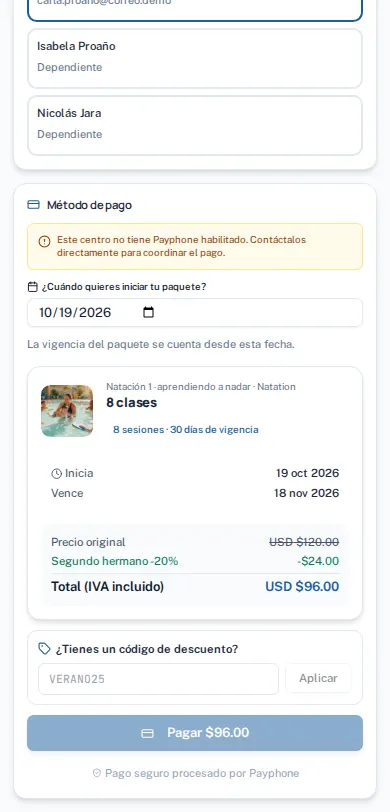 Paso 3: El paso de pago del paquete, con el campo para el código de descuento.