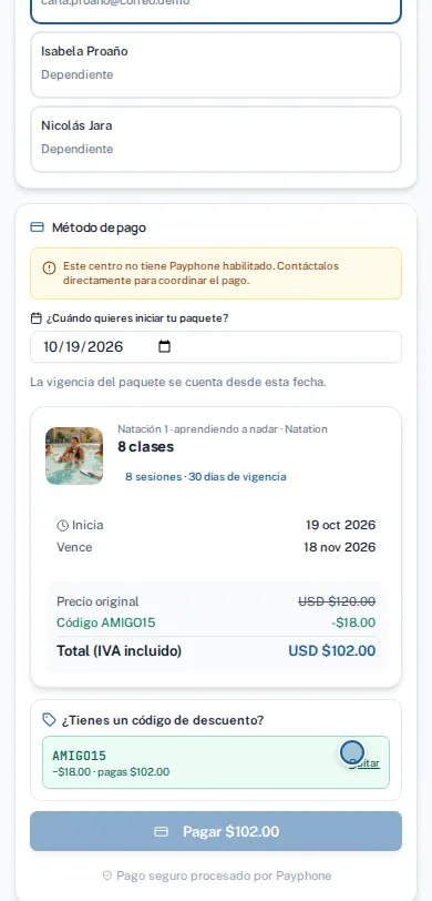 Paso 4: El código aplicado: el descuento y el total recalculado antes de pagar.