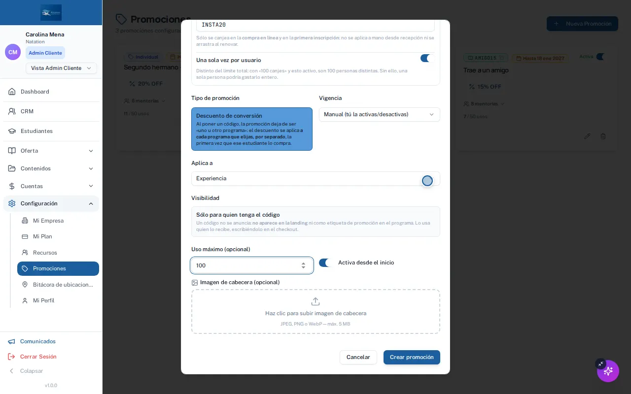 Paso 9: El tope total de canjes del código.