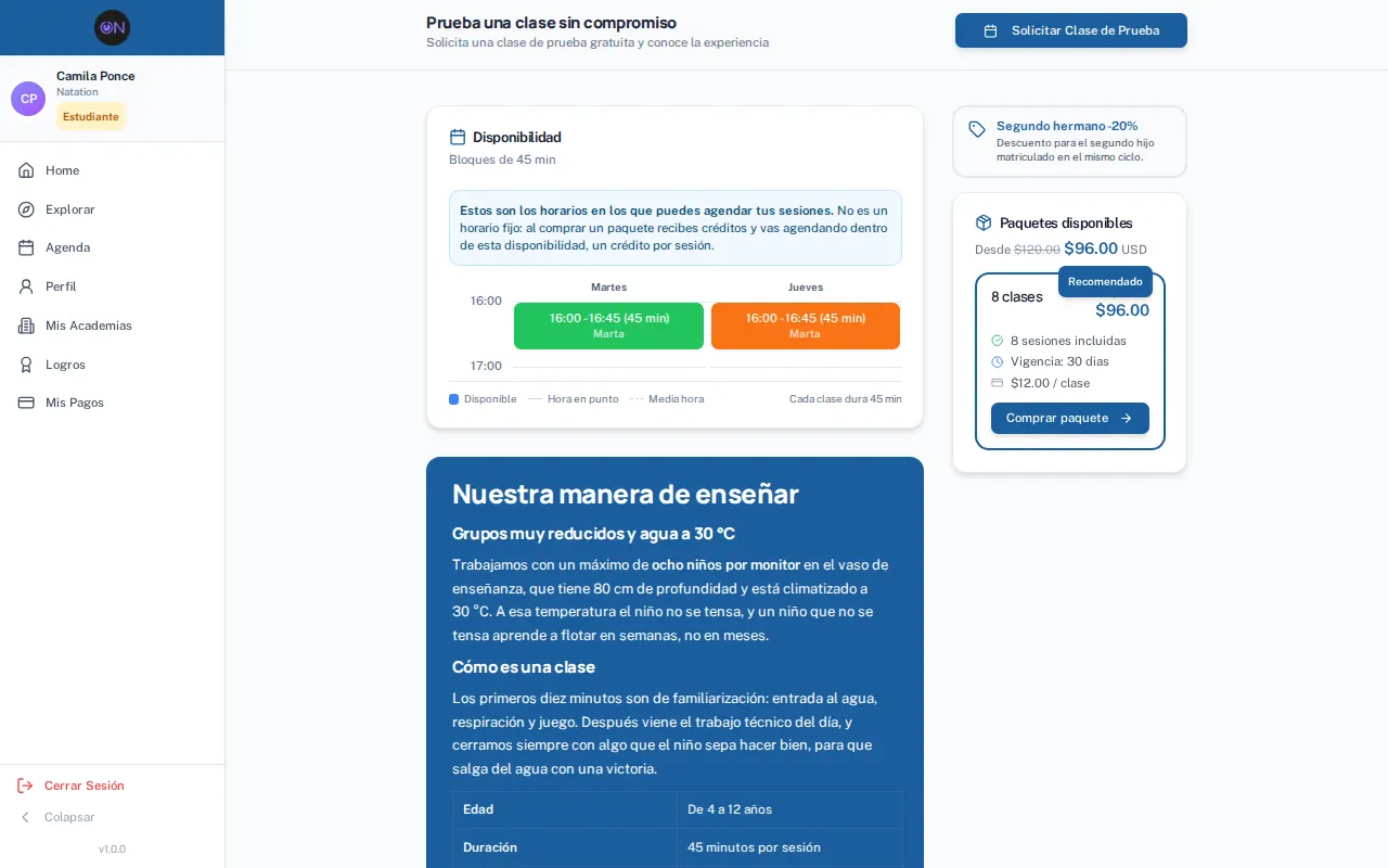 Paso 4: Los paquetes del programa, con su precio por clase y su vigencia.