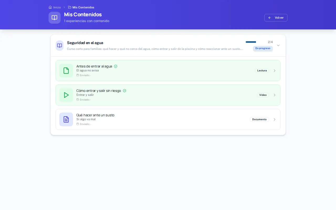 Paso 3: Y en Mis Contenidos está el material de todos tus cursos junto, agrupado por curso y con lo que ya completaste marcado. Es donde buscas aquello que viste hace dos semanas y no recuerdas en qué módulo estaba.